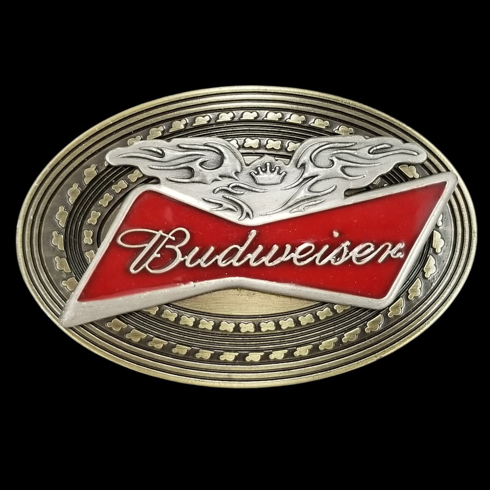Vintage Budweiser Belt Buckle Eagle Logo Red White Gold Tone Brass‎